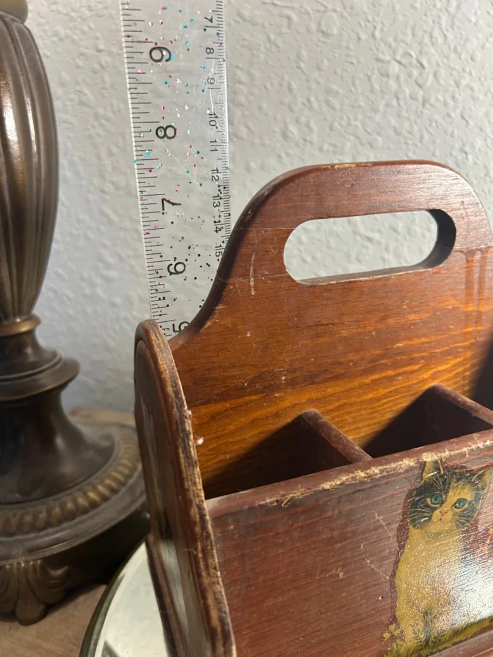 Vintage-Style Brown Wooden Cat Caddy with Yellow Kitten Decals Cute Core